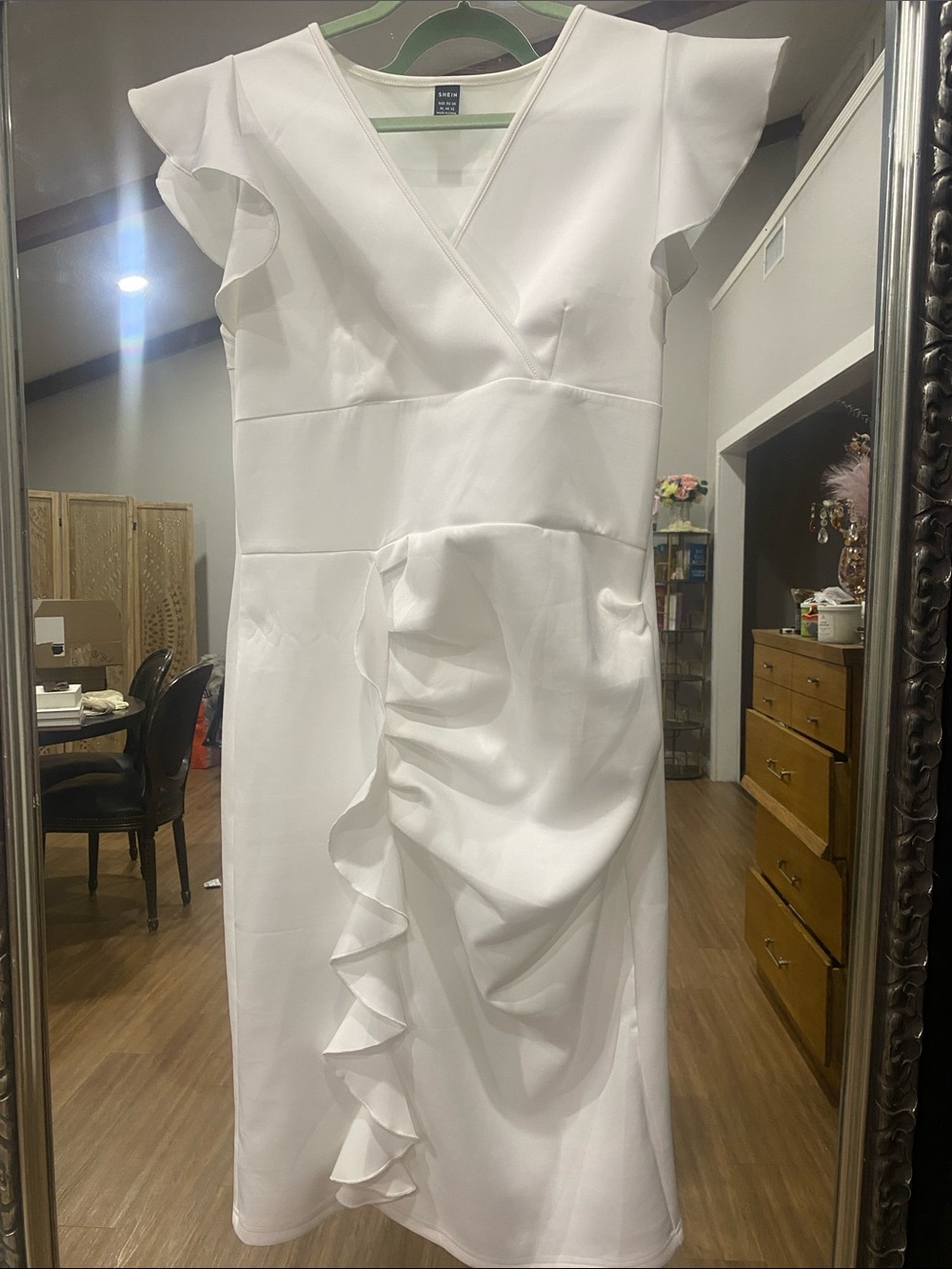 SHEIN White Ruffle-Detail V-Neck Midi Dress